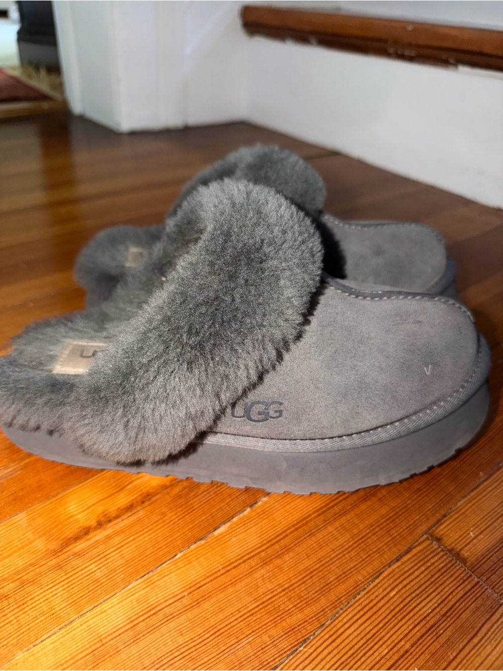 UGG Charcoal Platform Shearling Slide Slippers